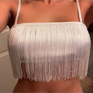 12th Tribe Gatsby White Fringe Crop Top
